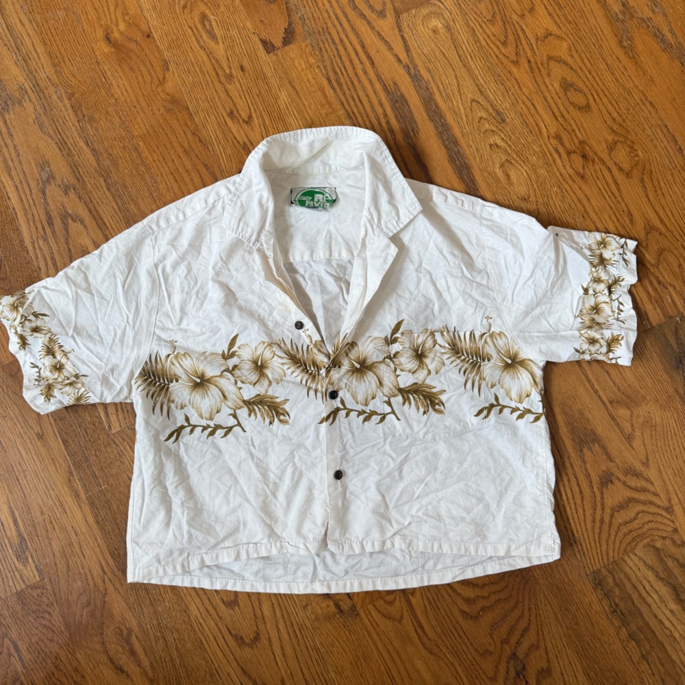 Floral button down cropped shirt - White and Brown